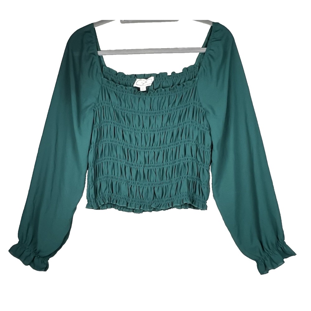 HIPPIE ROSE Smocked Cropped Top Women Size MED Hunter Green Long Sleeve Coquette